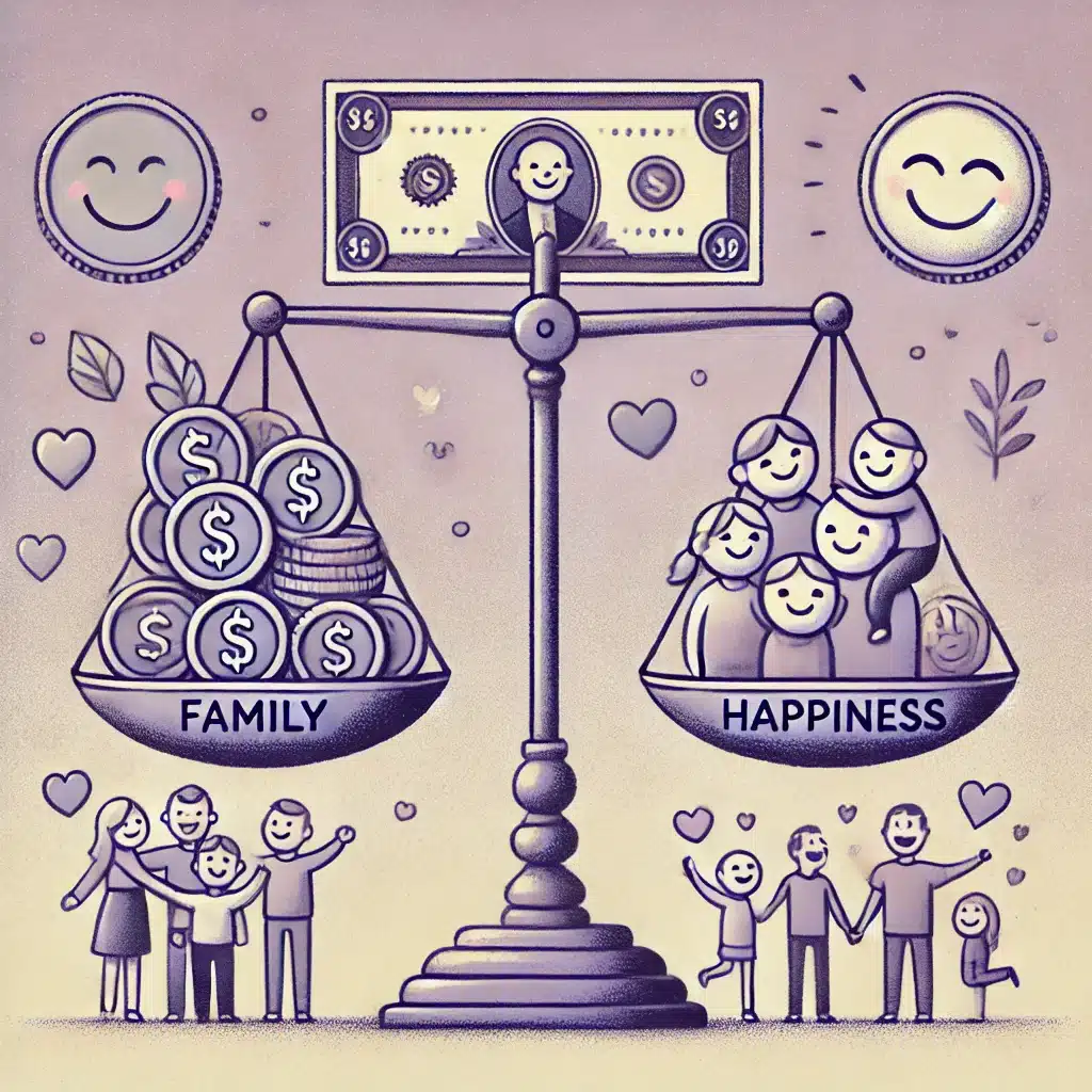 DALL·E 2024-09-27 20.58.57 - An illustration representing the balance between money and happiness. Show a scale where money (coins or a banknote) is on one side and things like fa