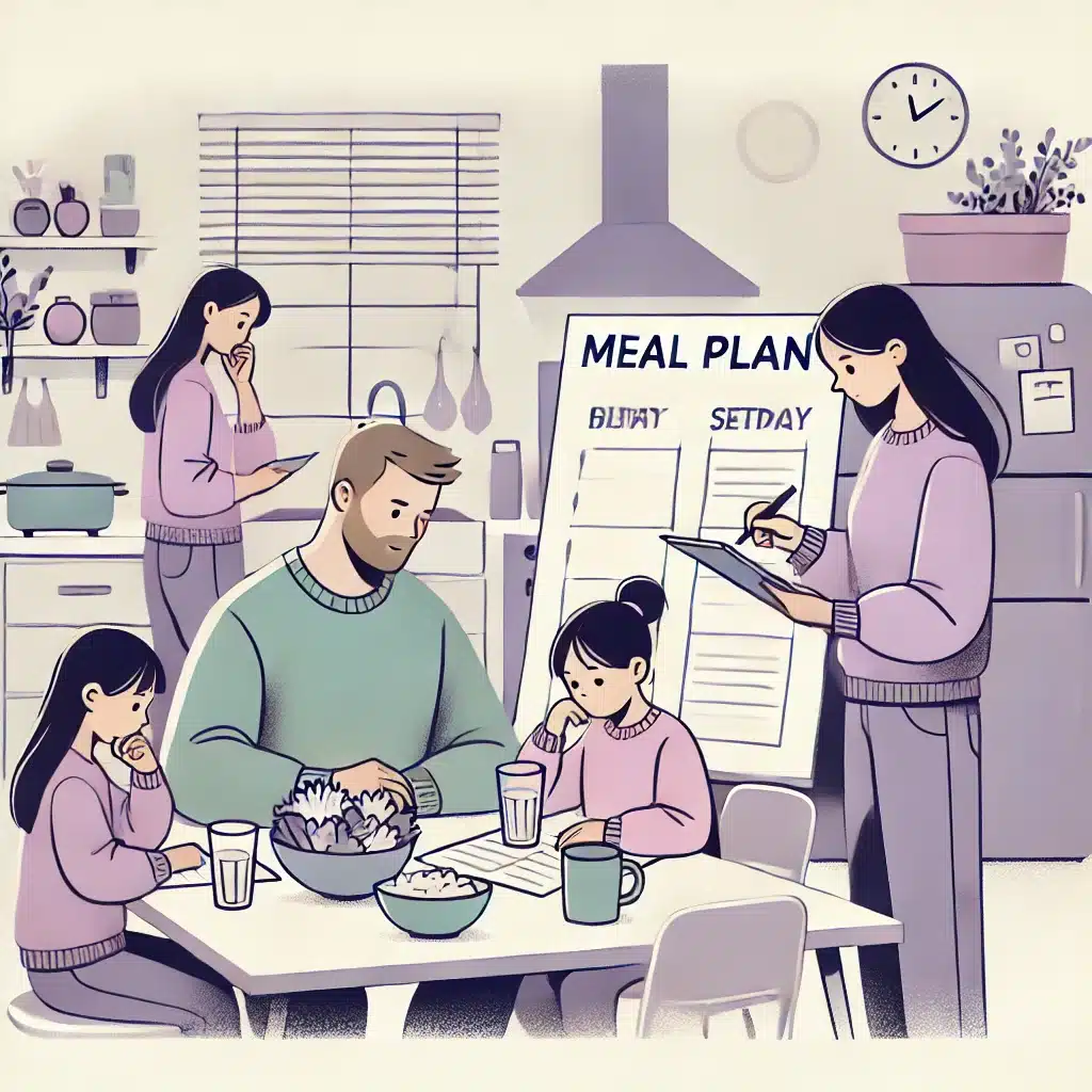 DALL·E 2024-09-27 21.01.51 - An illustration of a family practicing minimalism in everyday life, specifically through meal planning. The family sits together, discussing and writi