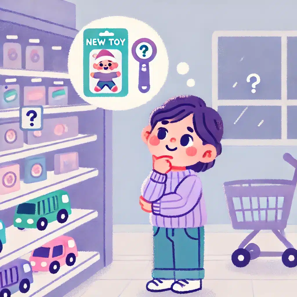 DALL·E 2024-09-27 21.23.25 - A child-friendly illustration showing a child in a supermarket, looking at a new toy with excitement. The child is thinking, wondering if they really