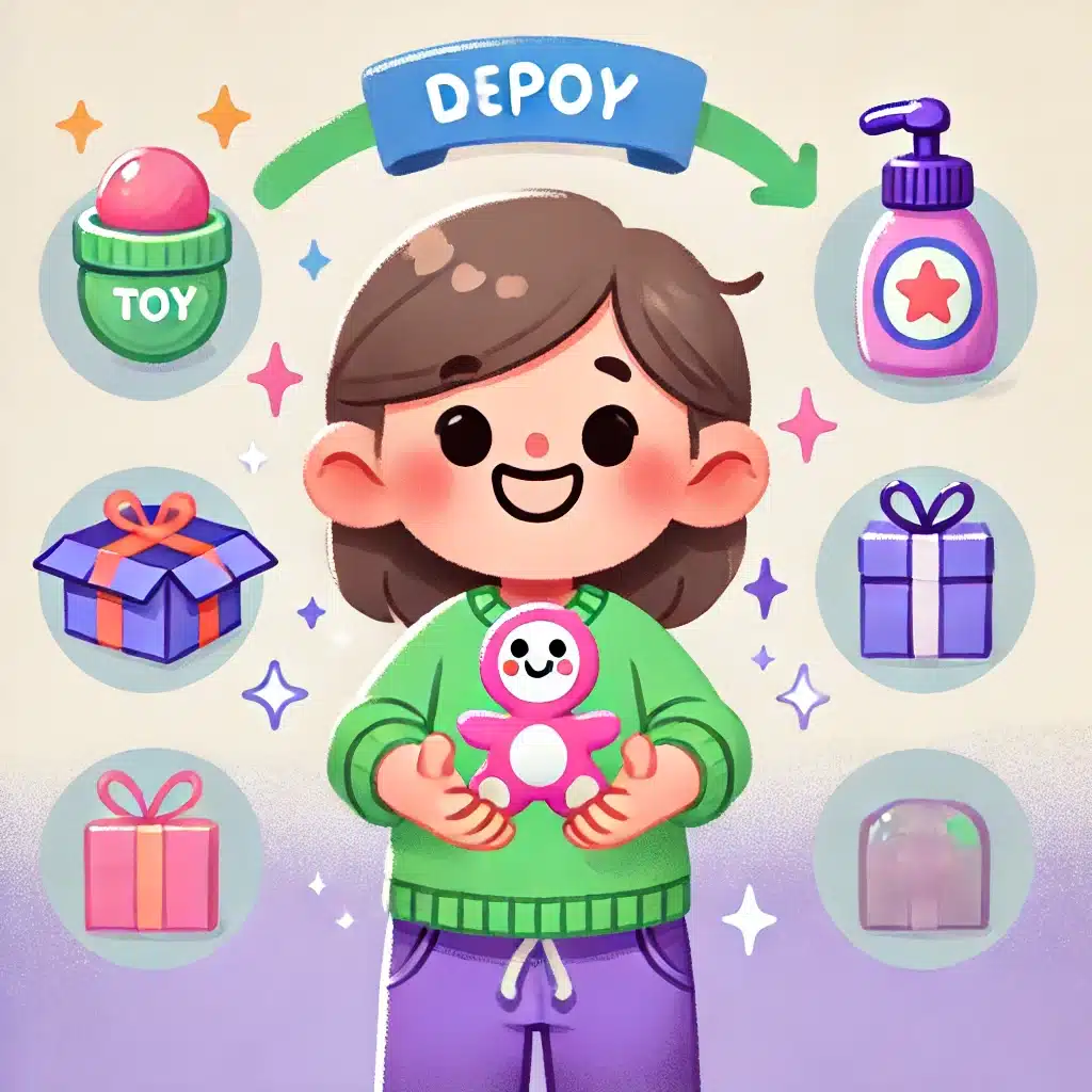 DALL·E 2024-09-27 21.32.29 - A child-friendly illustration showing a happy child receiving a toy after waiting and thinking carefully about whether they really needed it. The chil